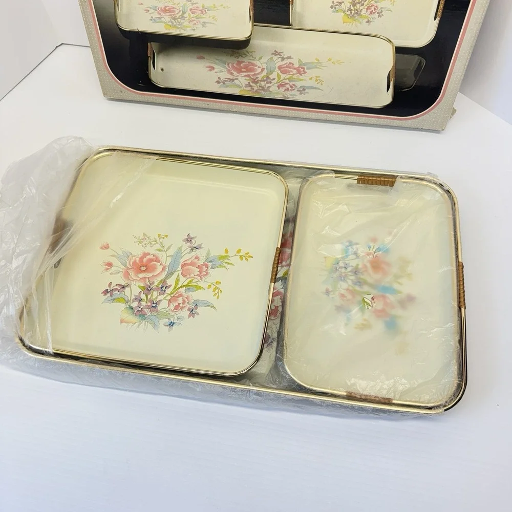 Vintage Lacquerware 3 Piece Tray Set Rose NOS Sealed In Box Jay Imports Japan